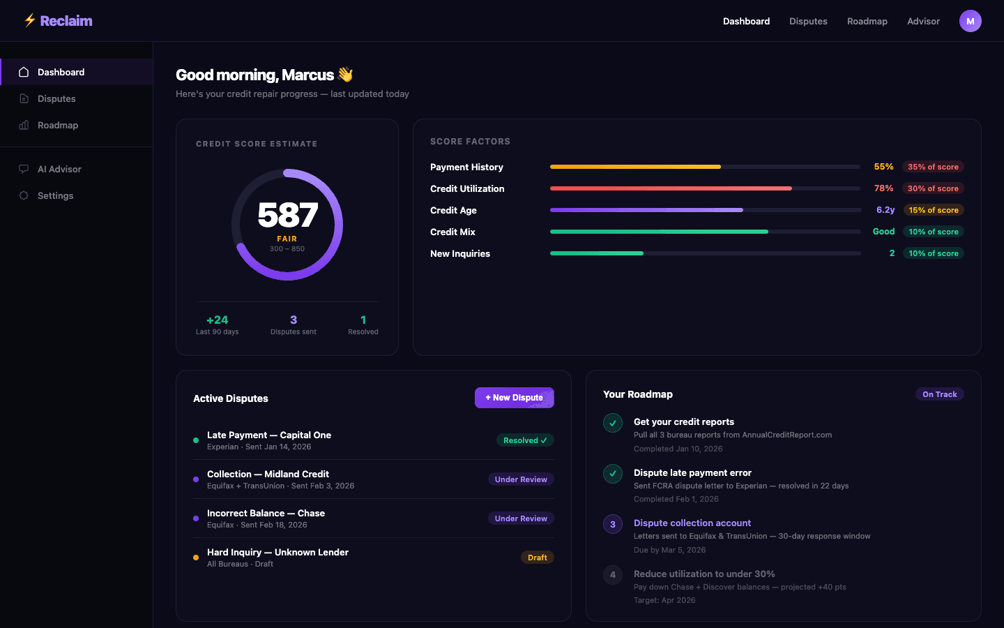 Reclaim dashboard — credit score tracker and dispute manager