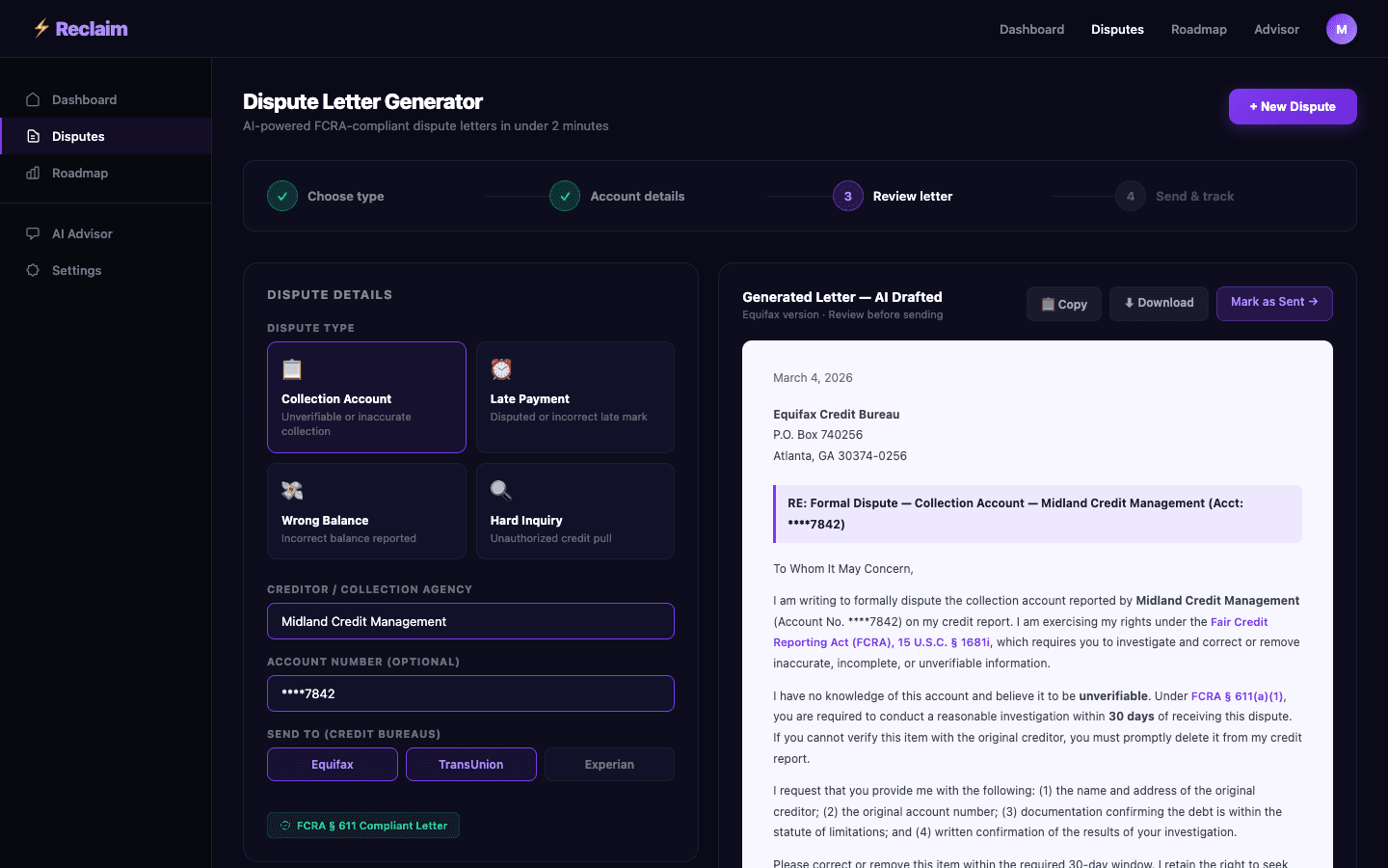 Reclaim dispute letter generator